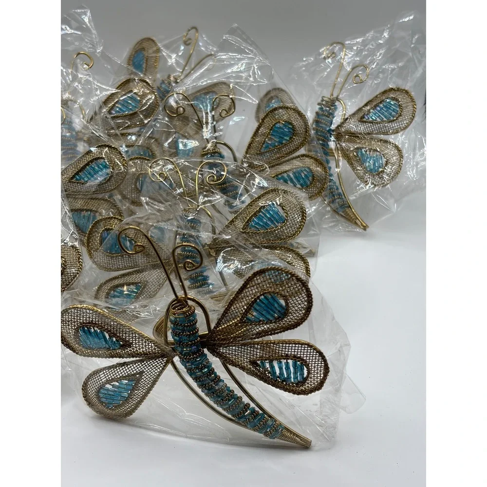 Set of 8 Gold Wire Dragonfly Napkin Rings Blue Beaded Mesh Wings Table Decor